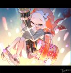  1girl :d aka_tonbo_(lovetow) artist_name closed_eyes commentary dated diffraction_spikes domino_mask fangs floating grey_sweater hair_ornament hairclip heavy_splatling_(splatoon) holding holding_weapon ink_tank_(splatoon) inkling legs_up letterboxed long_hair mask miniskirt open_mouth orange_hair pleated_skirt pointy_ears shoes signature skirt smile sneakers solo splatoon_(series) splatoon_2 sweater tearing_up tentacle_hair weapon white_footwear 