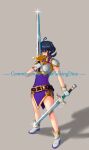  1girl absurdres ahoge armor belt black_hair blush boots commission commissioner_upload crying diogossaurus dual_wielding english_text fire_emblem fire_emblem:_genealogy_of_the_holy_war gloves grey_background highres holding holding_sword holding_weapon larcei_(fire_emblem) purple_tunic shadow shoulder_armor sidelocks simple_background solo sword teardrop tears tomboy tunic weapon 