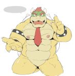  4_fingers abs anthro armband bowser bracelet claws eyebrows fingers hair hi_res horn huger_smot jewelry koopa male mario_bros muscular muscular_male navel necktie nintendo nipples nude open_mouth pecs pink_nipples red_eyes red_hair reptile scalie sharp_teeth shell simple_background solo speech_bubble spiked_armband spiked_bracelet spiked_shell spikes teeth thick_eyebrows video_games white_background 