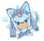  1girl andorlier anger_vein animal_ears blue_eyes blue_helmet cat_ears cat_tail close-up fairy_leviathan_(mega_man) fake_animal_ears forehead_jewel looking_at_viewer mega_man_(series) mega_man_zero_(series) no_nose simple_background slit_pupils solo tail white_background 