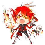  1boy belt black_belt black_pants black_scarf boots character_request chibi commentary_request eyes_visible_through_hair flamethrower flaming_sword flaming_weapon floating_skull full_body hair_between_eyes holding holding_megaphone holding_sword holding_weapon hop_step_jumpers jacket leg_belt lets0020 long_sleeves looking_at_viewer male_focus medium_bangs megaphone open_mouth pants red_eyes red_hair red_jacket scarf short_hair simple_background slit_pupils smile solo sword teeth transparent_background upper_teeth_only weapon white_footwear 