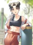  1girl black_hair bottle breasts brown_eyes double_bun hair_bun highres holding holding_bottle leaning_on_object midriff naruto_(series) navel open_mouth pants scroll short_hair solo sports_bra sweat tenten_(naruto) usao_(313131) 