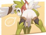  absurd_res blush border butt clothed clothed_feral clothing featureless_crotch female feral fur generation_4_pokemon green_eyes green_hair hair hi_res horn legendary_pokemon legwear looking_at_viewer looking_back looking_back_at_viewer low-angle_view nintendo pokemon pokemon_(species) rear_view shaymin simple_background sky_forme_shaymin solo thigh_highs white_body white_border white_fur yellow_background zinfyu 