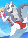  2024 anthro ball beach_ball bikini butt canid canid_demon canine clothing creamytako demon ear_piercing ear_ring female fluffy fluffy_tail fur grey_body grey_fur grey_hair hair hellhound helluva_boss hi_res inflatable inner_ear_fluff loona_(helluva_boss) mammal mythological_canine mythological_creature mythology partially_submerged piercing raised_tail rear_view red_eyes ring_piercing sea smile solo standing_in_water swimwear tail text tuft url water white_body white_fur 