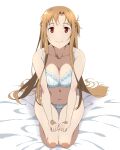 1girl asuna_(sao) bed_sheet blue_bra blue_panties bra braid breasts brown_eyes brown_hair cleavage collarbone commentary french_braid hands_on_own_thighs large_breasts long_hair looking_at_viewer panties puge seiza short_ponytail sitting smile solo sword_art_online underwear underwear_only very_long_hair white_background 