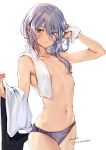  1girl absurdres armpit_crease blue_eyes blush breasts clothes_removed commentary cowboy_shot dated eyebrows_visible_through_hair eyes_visible_through_hair hair_between_eyes highres konbu_wakame looking_at_viewer medium_breasts medium_hair navel original panties parted_lips purple_panties sideboob silver_hair simple_background solo toned topless towel towel_around_neck twitter_username underwear underwear_only white_background 