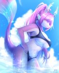  2019 5_fingers anthro big_breasts black_bikini breasts cleavage clothed clothing cloud dragon female fingers hair hand_on_hip horn kemono long_hair looking_at_viewer navel pink_body pink_hair pink_skin satoss scalie sky smile snout solo standing under_boob water yellow_eyes 