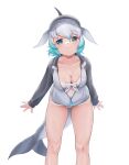  1girl bare_legs beleven blowhole blue_eyes blue_hair blush bow bowtie cetacean_tail collarbone common_bottlenose_dolphin_(kemono_friends) cowboy_shot dolphin_girl dorsal_fin fins fish_tail grey_hair grey_sweater hair_between_eyes head_fins highres kemono_friends kemono_friends_3 long_sleeves looking_at_viewer multicolored_hair one-piece_swimsuit sidelocks solo sweater swimsuit tail two-tone_sweater white_bow white_bowtie white_hair white_one-piece_swimsuit 