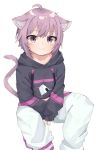  1girl :3 absurdres ahoge animal_ear_fluff animal_ears bangs black_hoodie blush breasts cat_ears cat_girl cat_tail closed_mouth drawstring eyebrows_visible_through_hair hair_between_eyes highres hololive hood hood_down hoodie long_sleeves looking_at_viewer midriff nekomata_okayu pants purple_eyes purple_hair sasakungoodsize short_hair simple_background sitting sleeves_past_wrists smile solo tail tail_raised virtual_youtuber white_background white_pants 