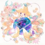  commentary crescent green_ribbon hands_up head_tilt jirachi looking_at_viewer no_humans oharu-chan open_mouth orb painting_(medium) pokemon pokemon_(creature) ribbon smile solo star_(symbol) symbol-only_commentary traditional_media watercolor_(medium) 