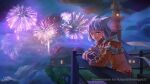  1girl :d aerial_fireworks animal_ear_fluff animal_ears brown_eyes brown_jumpsuit building cloud cloudy_sky commentary commission english_commentary fangs fireworks grey_hair jumpsuit long_sleeves looking_at_viewer nia_(xenoblade) night night_sky outdoors puffy_long_sleeves puffy_sleeves railing sky smile soc_nau solo twitter_username watermark xenoblade_chronicles_(series) xenoblade_chronicles_2 