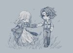  1boy 1girl catherine_(project_moon) closed_eyes closed_mouth clothes_lift dress es_limbus flower greyscale heathcliff_(project_moon) highres holding_hands limbus_company long_dress monochrome non-web_source on_grass project_moon scar scar_on_face skirt skirt_lift smile 