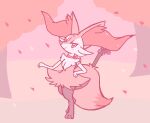  1girl animal_ear_fluff animal_ears animal_feet animal_nose black_fur blush body_fur braixen cherry_blossoms choker closed_mouth commentary_request day flat_color fox_ears fox_girl fox_tail full_body furry furry_female gardear058 hand_on_own_hip hand_up happy jaggy_lines light_blush looking_at_viewer multicolored_fur outdoors petals pokemon pokemon_(creature) red_choker red_eyes smile snout solo standing stick tail tree white_fur yellow_fur 