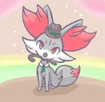  alternate_color animal_ear_fluff animal_focus black_hat cane clothed_pokemon commentary_request detached_collar fennekin full_body gardear058 green_ribbon hat head_tilt jaggy_lines looking_at_viewer mini_hat mouth_hold neck_ribbon no_humans pokemon pokemon_(creature) red_eyes ribbon shiny_pokemon sitting solo sparkle top_hat 