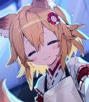  1girl animal_ear_fluff animal_ears bangs blonde_hair blush bukurote closed_eyes eyebrows_visible_through_hair flower fox_ears fox_girl fox_tail hair_between_eyes hair_flower hair_ornament japanese_clothes miko senko_(sewayaki_kitsune_no_senko-san) sewayaki_kitsune_no_senko-san tail 