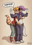  albino_raccoon anthro belt blush clothed clothing cora_vayre_(posspowered) cypress_(weavilead) domestic_cat duo english_text felid feline felis female fully_clothed hand_in_pants hi_res maine_coon male male/female mammal posspowered surprise text 