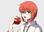  1girl absurdres apple bob_cut collared_shirt delfuze food fruit green_eyes grey_background hatori_chise highres holding holding_food holding_fruit inverted_bob looking_at_viewer mahou_tsukai_no_yome open_mouth red_hair shirt simple_background solo upper_body white_shirt wing_collar 