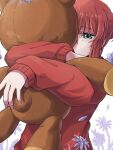  1girl absurdres delfuze green_eyes hatori_chise highres hugging_doll hugging_object mahou_tsukai_no_yome ponytail red_hair red_sweater sidelocks solo stuffed_animal stuffed_toy sweater teddy_bear 