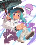  1girl abstract_background absurdres blue_hair boots closed_mouth commentary commission cross-laced_footwear english_commentary highres holding holding_umbrella holding_weapon long_hair looking_at_viewer multicolored_background octoling octoling_girl octoling_player_character ppuna print_sweater purple_eyes recycled_brella_24_(splatoon) sample_watermark sleeves_past_wrists smile solo splatoon_(series) splatoon_3 sweater tentacle_hair thick_eyebrows umbrella visor_cap watermark weapon white_footwear white_sweater 
