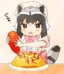  1girl black_hair bow brown_eyes common_raccoon_(kemono_friends) disgust dress eyelashes food food_writing grey_hair kemono_friends ketchup ketchup_bottle maid_headdress multicolored_hair omelet omurice pink_bow pink_dress plate puffy_short_sleeves puffy_sleeves raccoon_girl raccoon_tail shirt short_hair short_sleeves solo suicchonsuisui tail translation_request white_shirt 