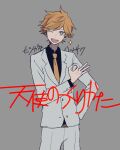  1boy coat cowboy_shot grey_background grey_coat hand_on_own_hip highres long_sleeves maco22 male_focus necktie ok_sign one_eye_closed open_mouth orange_hair original short_hair smile solo sparkle teeth translation_request yellow_eyes yellow_necktie 
