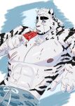  1boy abs animal_ears arknights bara blue_eyes blue_shorts claws consagratum cross_scar english_commentary food furry furry_male highres holding holding_food holding_popsicle licking looking_at_viewer male_focus mountain_(arknights) multiple_scars muscular muscular_male pectorals ponytail popsicle scar scar_across_eye scar_on_arm scar_on_cheek scar_on_chest scar_on_face scar_on_stomach shorts tiger_boy tiger_ears tiger_stripes tongue tongue_out topless_male 