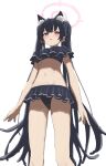  1girl absurdres animal_ear_fluff animal_ears bare_arms bare_legs bare_shoulders bikini black_bikini black_hair blue_archive blush breasts cat_ears extra_ears feet_out_of_frame frilled_bikini frills from_below halo highres hwoi_(hw_123) long_hair looking_at_viewer official_alternate_costume open_mouth pink_halo red_eyes serika_(blue_archive) serika_(swimsuit)_(blue_archive) simple_background small_breasts solo swimsuit twintails white_background 