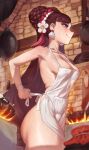  1girl absurdres apron ass bandaged_arm bandages blurry blurry_foreground blush breasts brown_hair cleavage cooking double_bun drunken_swordmaster_lynn earrings english_commentary fire from_side fun_shalam guardian_tales hair_bun highres jewelry long_hair medium_breasts naked_apron purple_eyes see-through_silhouette sideboob smile solo tying_apron very_long_hair 