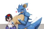  absurd_res anthro big_breasts blush breast_grab breasts claws cleavage clothed clothing duo female generation_1_pokemon hand_on_breast heart_symbol hi_res horn human male mammal menyang nidoqueen nintendo nude pokemon pokemon_(species) simple_background smile 