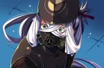  1boy asclepius_(fate/grand_order) bangs bishoujo_senshi_sailor_moon black_headwear black_jacket colored_eyelashes commentary_request crossed_bangs derivative_work fate/grand_order fate_(series) green_eyes hair_between_eyes hair_ribbon hat jacket long_hair male_focus red_ribbon respirator ribbon ruri_rarako sailor_moon sailor_moon_redraw_challenge screencap_redraw silver_hair solo sparkle upper_body very_long_hair 