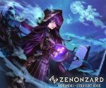  1girl black_dress black_nails blue_eyes copyright_name crystal_ball dress essual_(layer_world) ghost highres hood night official_art outdoors purple_hair solo standing tombstone watermark zenonzard 
