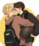  2boys backpack bag blonde_hair blush brown_hair closed_eyes commentary cookio english_commentary from_side kiss looking_at_another male_focus multiple_boys original pants short_hair simple_background skateboard yaoi 