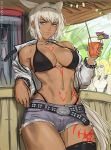  2020 abs animal_ears artist_name belt bikini bikini_bottom black_bikini blue_eyes body_markings breasts caenis_(fate) cleavage cocktail cocktail_umbrella collarbone cup cutoffs dark_skin denim denim_shorts deviantart_username fate/grand_order fate_(series) hair_intakes highleg highleg_bikini highleg_bikini_bottom holding holding_cup jacket jewelry large_breasts lips medium_hair navel necklace nose open_clothes open_jacket parted_lips patreon_username realistic sciamano240 shorts signature studded_jacket swimsuit tattoo white_hair work_in_progress 