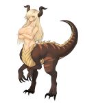  2024 biped biped_taur blonde_hair breasts brown_body claws crossed_arms dragon dragon_taur female hair hi_res horn looking_at_viewer mythological_creature mythological_scalie mythology navel nipples nude scalie solo sookmo standing tail taur yellow_eyes 