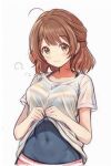  1girl blush breasts brown_hair clothes_lift commentary_request covered_navel gakuen_idolmaster hair_bun hanami_ume idolmaster large_breasts lifting_own_clothes looking_at_viewer nannacy7 shirt shirt_lift simple_background single_side_bun smile solo upper_body white_background white_shirt 