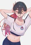  1girl adjusting_hair alternate_costume black_hair blush carmine_(pokemon) collarbone crop_top crossed_bangs hasu_175 highres long_hair midriff mole mole_under_eye mouth_hold multicolored_hair navel one_eye_closed pokemon pokemon_sv red_hair simple_background solo thick_eyebrows two-tone_hair white_background yellow_eyes 