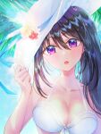  1girl absurdres bikini black_hair breasts day flower hand_on_headwear hat hat_flower hat_ribbon hat_tug head_tilt highres large_breasts long_hair looking_at_viewer mizunozumi open_mouth original outdoors purple_eyes ribbon side_ponytail sky sparkle sun_hat swimsuit upper_body 