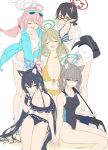  5girls absurdres animal_ear_fluff animal_ears ayane_(blue_archive) ayane_(swimsuit)_(blue_archive) bikini bikini_skirt black_hair black_one-piece_swimsuit blonde_hair blue_archive blue_eyes blue_jacket breasts cat_ears cleavage competition_swimsuit covered_navel cross_hair_ornament extra_ears eyewear_on_head feet_out_of_frame foreclosure_task_force_(blue_archive) frilled_bikini frills front-tie_bikini_top front-tie_top glasses grey_hair hair_ornament halo highres hood hooded_jacket hoshino_(blue_archive) hoshino_(swimsuit)_(blue_archive) jacket large_breasts long_hair low_ponytail low_twintails medium_breasts medium_hair mismatched_pupils multicolored_clothes multicolored_swimsuit multiple_girls nonomi_(blue_archive) nonomi_(swimsuit)_(blue_archive) official_alternate_costume one-piece_swimsuit pink_hair pointy_ears red-framed_eyewear red_eyes serika_(blue_archive) serika_(swimsuit)_(blue_archive) shiroko_(blue_archive) shiroko_(swimsuit)_(blue_archive) standing striped_bikini striped_clothes sunglasses swimsuit twintails wolf_ears yatsuka_(846) yellow_bikini 
