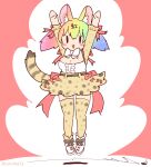  1girl animal_ears arms_up belt bow bowtie cat_ears cat_girl cat_tail coroha extra_ears full_body jumping kemono_friends kemono_friends_v_project large-spotted_genet_(kemono_friends) long_hair looking_at_viewer multicolored_hair rainbow_hair red_background ribbon shirt shoes simple_background skirt solo suspenders tail thighhighs twintails virtual_youtuber 