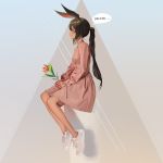  1girl abstract_background amiya_(arknights) animal_ears arknights blue_eyes brown_hair bunny_ears bunny_girl closed_mouth dress english_text flower leaf looking_away pink_dress plant shoes simple_background sitting sneakers solo wonbin_lee 