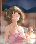 1girl blush breasts choko_(cup) cleavage collarbone commentary_request cup green_hair highres holding holding_cup idolmaster idolmaster_cinderella_girls lantern looking_up mayu_(maayuu0207) medium_breasts mole mole_under_eye naked_towel onsen partially_submerged pink_towel reflection reflective_water smile solo steam takagaki_kaede towel wooden_wall 