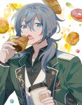  1boy black_shirt blue_eyes coffee_cup collarbone collared_shirt cup disposable_cup doughnut ensemble_stars! food food_on_face green_jacket grey_hair hair_between_eyes holding holding_cup jacket jewelry looking_at_viewer male_focus necklace open_mouth ponytail sakuraihum shiina_niki shirt solo star_(symbol) sugar_cube upper_body vest white_vest 