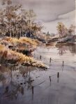  akemisuisai bare_tree building day dead_plants forest highres nature no_humans original painting_(medium) reflection reflective_water river riverbank rock scenery shadow sunlight traditional_media tree water watercolor_(medium) winter 