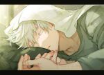  1boy absurdres bell_anko blurry blurry_background closed_eyes collarbone gojou_satoru highres indoors jujutsu_kaisen letterboxed long_sleeves male_focus parted_lips sleeping solo sweater teeth upper_body white_eyelashes white_hair window_shadow 