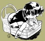  1girl apple bag boots bright_pupils chibi chibi_only food food_in_mouth fruit full_body greyscale_with_colored_background hair_between_eyes monochrome no_nose original overalls ponytail rikka_kamisaka short_hair sitting solo white_pupils 