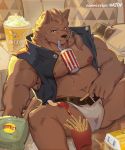  2020 anthro belly brown_body brown_fur bulge canid canine clothing detailed_background eating food fur hi_res hirainaoto1 humanoid_hands male mammal moobs naotohirai navel nipples overweight overweight_male sitting solo underwear 