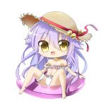  1girl :d barefoot bell bikini blush bow character_request chibi commentary_request flat_chest frilled_bikini frills full_body hair_between_eyes hat hat_bell hat_bow hop_step_jumpers jingle_bell lets0020 long_hair looking_at_viewer medium_bangs open_mouth pink_innertube purple_hair red_bow simple_background smile solo straw_hat sun_hat swimsuit transparent_background very_long_hair wavy_hair white_bikini yellow_eyes 