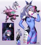  1girl :3 absurdres arm_up artist_name black_jacket blade_(honkai:_star_rail) blowing_bubbles bodysuit breasts chewing_gum chibi commentary cosplay cropped_legs crossed_bangs d.va_(overwatch) d.va_(overwatch)_(cosplay) english_commentary english_text facepaint facial_mark from_side gloves gun hand_on_own_hip handgun headphones highres holding holding_weapon honkai:_star_rail honkai_(series) jacket ken-pai_(kenpai_arts) long_hair long_sleeves looking_at_viewer meka_(overwatch) multiple_views overwatch profile reaper_(overwatch) reaper_(overwatch)_(cosplay) signature silver_wolf_(honkai:_star_rail) skin_tight small_breasts smile trigger_discipline v-shaped_eyebrows weapon whisker_markings white_gloves 