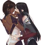  2girls armor back_cutout bare_back bare_shoulders black_hair brown_hair closed_eyes clothing_cutout covering_another&#039;s_mouth dark-skinned_female dark_skin detached_collar detached_sleeves freckles hand_on_another&#039;s_mouth irelia karma_(league_of_legends) league_of_legends long_hair looking_at_viewer medium_hair multiple_girls purple_eyes short_hair simple_background skin_tight uchu_keito white_background yuri 
