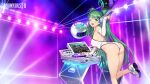  1girl absurdres armpits ass blue_eyes breasts brown_dust_2 copyright_name dj drone elbow_gloves eyebrows_hidden_by_hair gloves graphic_equalizer green_hair hair_ornament hairclip headphones highres holding holding_headphones large_breasts long_hair looking_at_viewer mixing_console monitor official_art official_wallpaper one-piece_swimsuit one_eye_closed open_mouth second-party_source smile solo standing standing_on_one_leg swimsuit table teeth twintails upper_teeth_only venaka_(brown_dust_2) very_long_hair white_gloves white_one-piece_swimsuit 